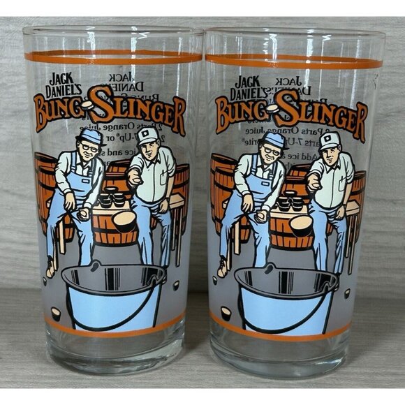 2 Jack Daniels Bung Slinger Whiskey Tumblers 8 oz Glasses & Recipe Libbey - Picture 1 of 7